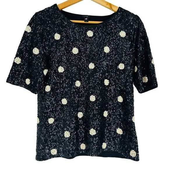 J. Crew Black Ivory Polka Dot Womens Scoop Neck Sequin Top Festive Party Size S - Picture 3 of 9